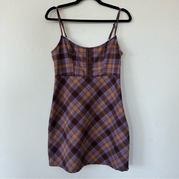 Urban Outfitters Purple Orange Brown Plaid Hook & Eye Spaghetti Strap Mini Dress - Picture 2 of 16